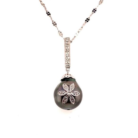 Diamond Tahitian Pearl Necklace 18k Gold 12.60 mm 16" Certified $895 910818 - Picture 1 of 7